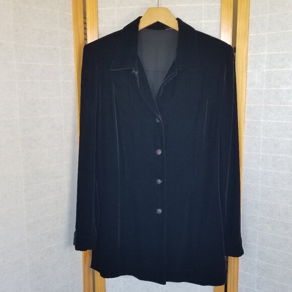 Black Velvet Tunic Top Button Up Stretch Collared Side Slits Size Large - Picture 1 of 9